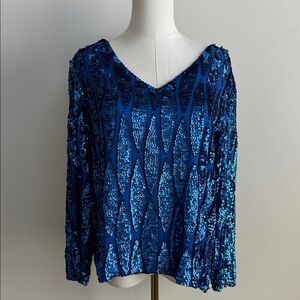 VTG Womens‎ Silk Hand Beaded Sequins Embellished Long Sleeve Glam Party Blouse M